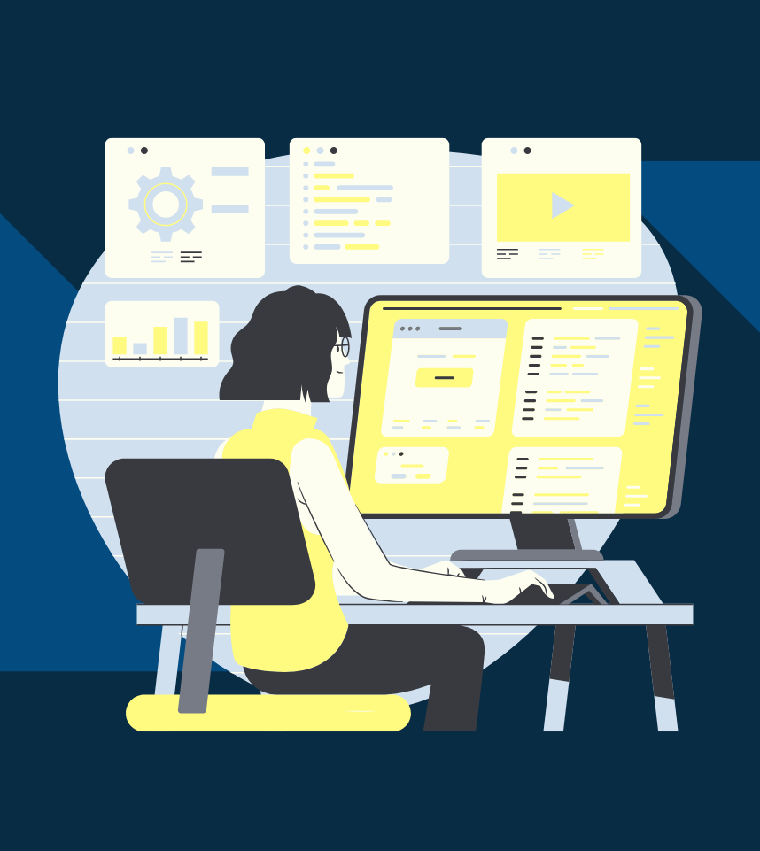 illustration of woman sitting at computer looking at large screen