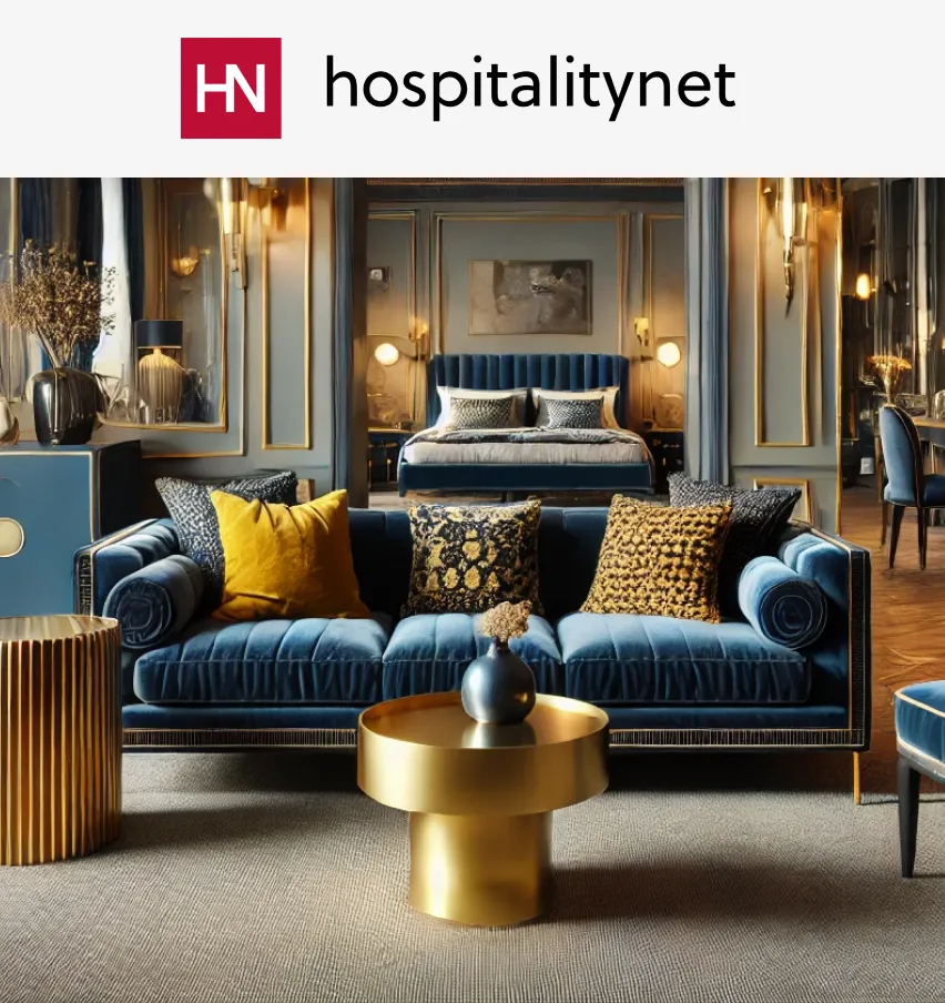 interior of boutique hotel with velvet sofa and bed
