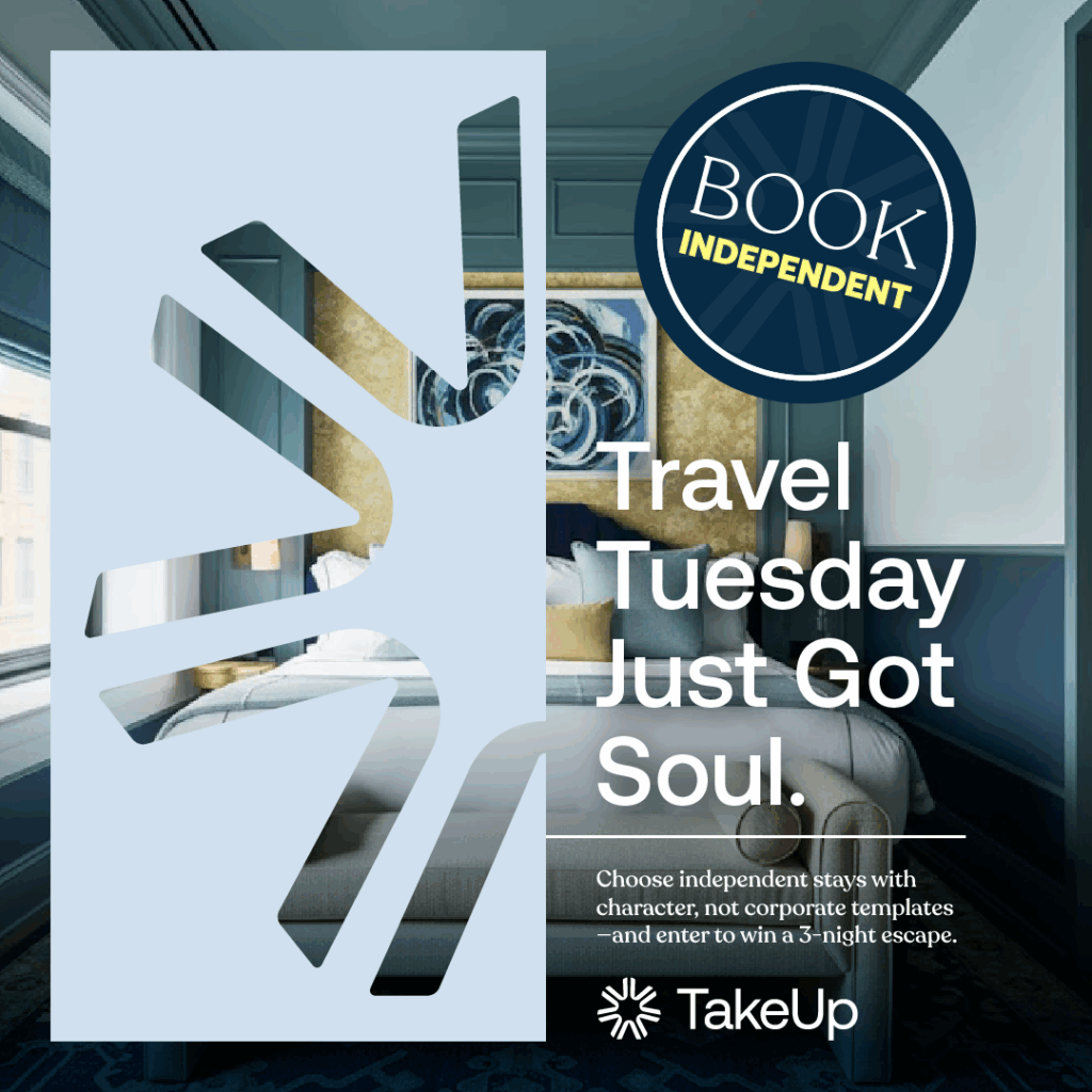 Photo of boutique hotel room with book independent logo