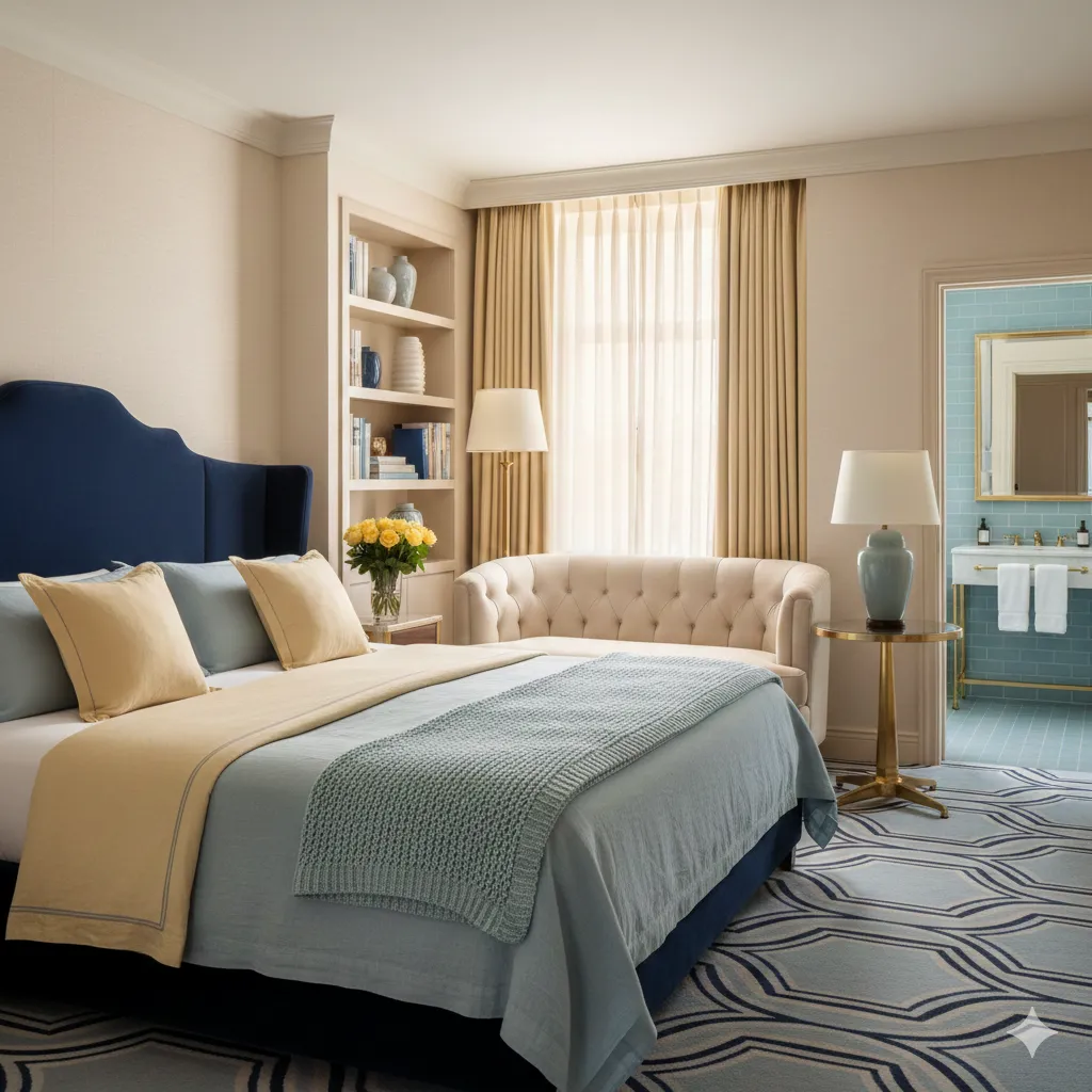luxury hotel room with blue and yellow color palette.