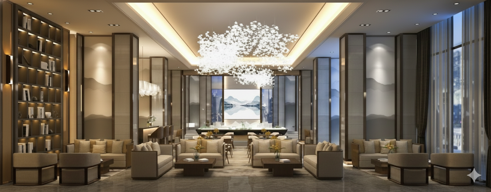 Luxury independent hotel lobby with seating areas and dramatic chandelier