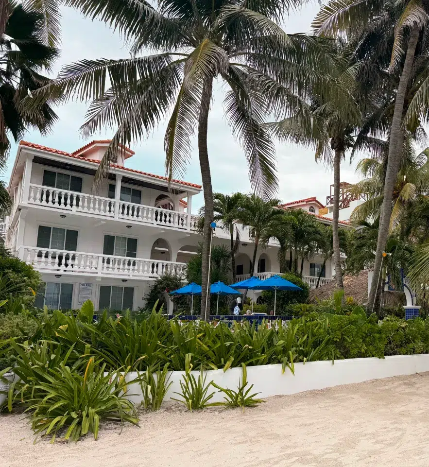 Exterior of Blue Tang Inn from beach in Belize